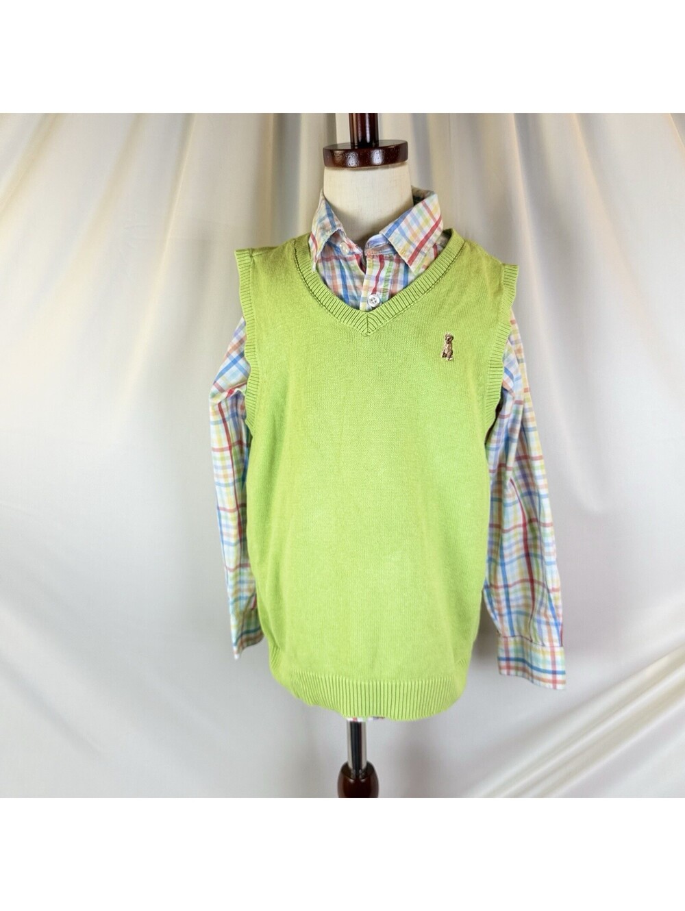 Greendog Boys Lime Green Cotton (7)  Vest And Plaid Long Sleeve Button Up Sz 8